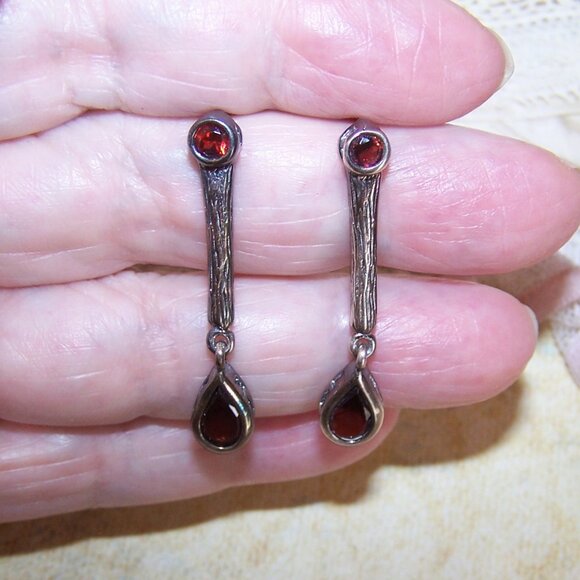 Vintage Sterling Silver Garnet Dangle Earrings - Posts with Nuts - Picture 6 of 9
